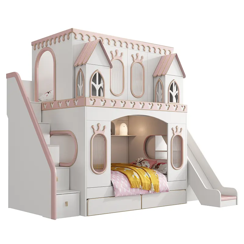 Cama de princesa de Castillo de ensueño, litera de dormitorio de chica, con agujero de árbol, de madera sólida, alta y baja