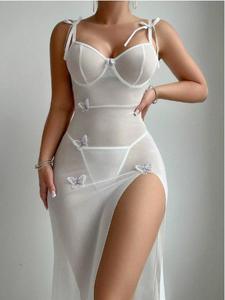 欧美纯欲望风格性感透视网眼高狭缝无背浅色女性性感吊带裙 - Product Image 4