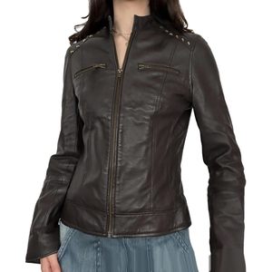 Blouson Moto Femme Personnalisé en Similicuir Marron Manches Longues Style Motard 2026 - Product Image 3