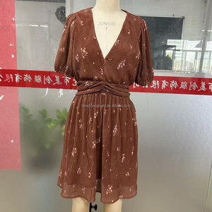 <span class=keywords><strong>Vestido</strong></span> Mini con Cuello en V, Color Marrón, Personalizado OEM, Estampado Floral, Manga Corta Abullonada, Cintura Fruncida, Chifón, Elegante, <span class=keywords><strong>para</strong></span> Fiesta - Product Image 3