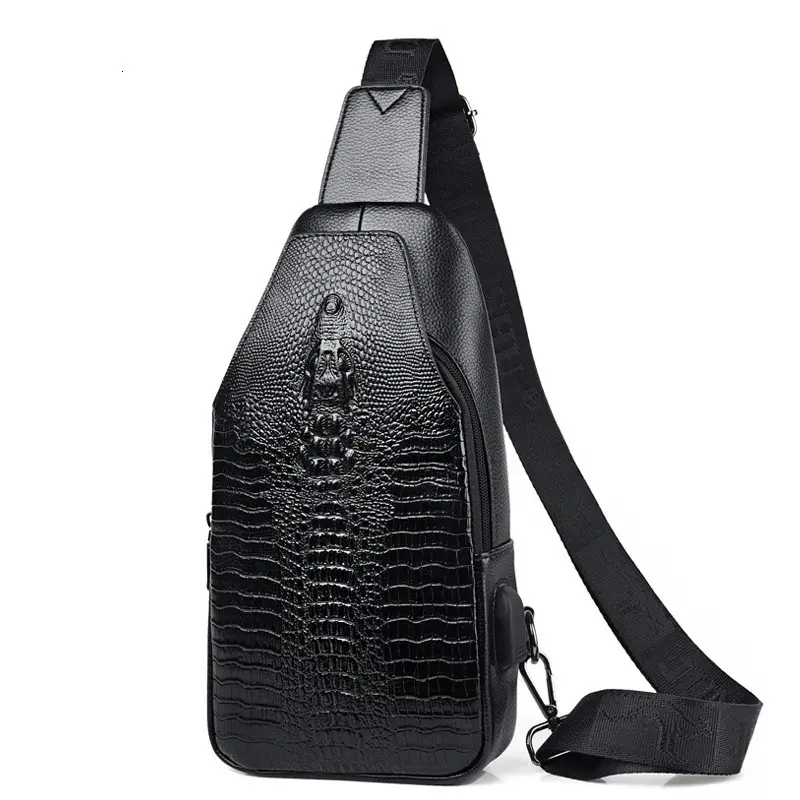 New men's crocodile print shoulder bag fashion leather messenger bag casual outdoor USB chest bags for men