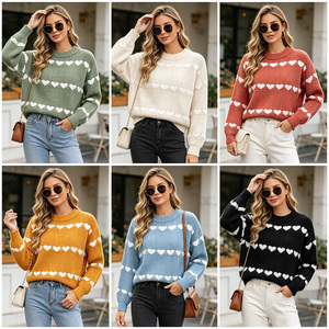 Suéter de Punto con Estampado de Corazones Verde Salvia para <span class=keywords><strong>Mujer</strong></span>, <span class=keywords><strong>Cuello</strong></span> Redondo, Manga Larga, Informal, para Invierno, Prenda de Punto Informal para Usar en Capas - Product Image 2