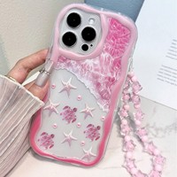 Coque de téléphone portable INS Ocean rose papillon avec chaîne pour iPhone 16 Plus 15 17 Pro Max, motif crème, coque arrière