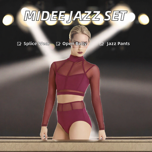 Ensemble de costumes de danse jazz pour femmes, haut à manches longues transparent, pantalon taille haute, tenue de scène - Product Image 2