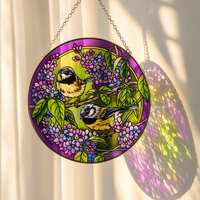 YAPPIE HD-0071 Attrape-soleil en vitrail Art Déco avec couple de moineaux et fleur violette, décoration de fenêtre, cadeau d'anniversaire, personnalisable