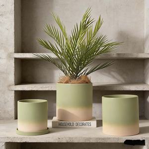 Pot de fleurs en céramique vert olive dégradé avec trou de drainage et système d'arrosage automatique, design moderne et écologique pour une utilisation en intérieur/extérieur - Product Image 3