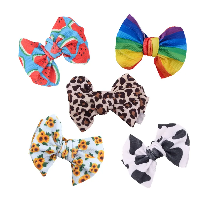 Hot Sale Cute Handmade Kids Hair Accessories Fabric Waffles Bow 4.5'' Printed Knot Bow Clip Hairpins For Girls