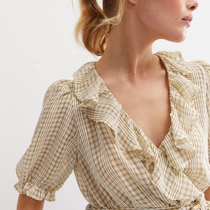 Camicetta da <span class=keywords><strong>donna</strong></span> con scollo a volant in Chiffon a quadri <span class=keywords><strong>marrone</strong></span> in tessuto sottile da <span class=keywords><strong>donna</strong></span> - Product Image 2