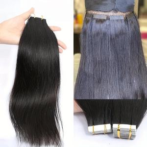 Extensions de cheveux naturels en gros, <span class=keywords><strong>pas</strong></span> chères, en cheveux humains véritables, à bandes adhésives, noires, lisses, sans couture, avec trame en PU, 20 pièces - Product Image 2