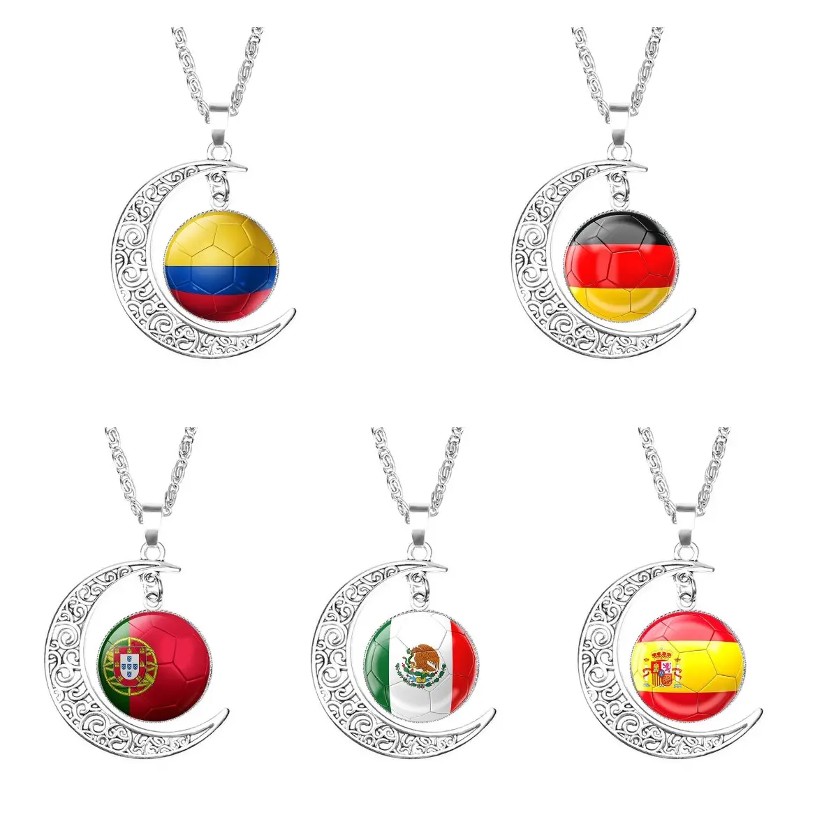 World Soccer Football Team Cup 32 Länder Country Flag Design Glaskuppel Cabochon Crescent Moon Anhänger Halskette für Frauen