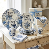 Service de vaisselle en porcelaine personnalisé avec motif léopard bleu, assiettes en céramique, plats à salade floraux pour hôtels, restaurants, complexes hôteliers et détaillants