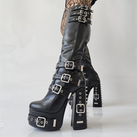 Bottes hautes en cuir PU élégantes et stylées, grande taille 47, noires, style gothique punk, bottines à plateforme épaisse, chaussures à talons épais pour femmes
