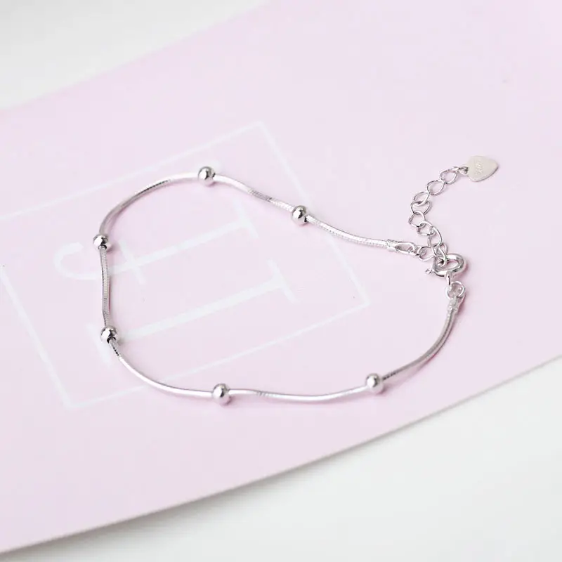 Pulseira feminina minimalista s925, bracelete de prata simples com miçangas doce