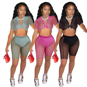 <span class=keywords><strong>2022</strong></span> Sexy <span class=keywords><strong>primavera</strong></span> <span class=keywords><strong>estate</strong></span> 2 pezzi abito da donna maglia Patchwork manica corta scollo a v camicia elastico in vita Set di pantaloncini a due pezzi - Product Image 1