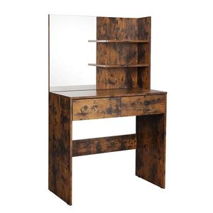 Винтажная коричневая Косметическая станция с открытыми полками и закругленными углами с 2 ящиками и зеркальным деревянным столиком для макияжа для спальни - Product Image 1