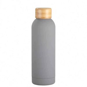 Minimalist Stainless Steel Vacuum Bottle With Wooden Lid Gray Round Travel <b>Thermos</b> Double Wall Insulated 24 Hour Heat Retention - Product Image 1