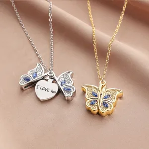 Custom Material Exquisite Trend Butterfly I Love You Love Album Box Open Pendant Choker Chain Necklace For Women jewelry