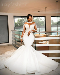 Robes de Mariée Sirène Blanches Aso Ebi 2024 Perles Perlées Luxueux Satin Manches Longues Robes de Mariée - Product Image 6