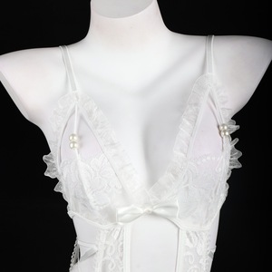 Lemon Story Women's <b>Lace</b> Bodysuit <b>White</b> Sexy Sheer Stretch Sleepwear With Pearls 9148 - Product Image 1