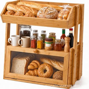 Boîte à pain en bambou, étagère de rangement trapézoïdale à plusieurs niveaux, ventilée, pour organiser le pain et les aliments dans la cuisine - Product Image 1