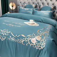 Parure de lit de luxe en coton doux et soyeux avec motif floral brodé bleu