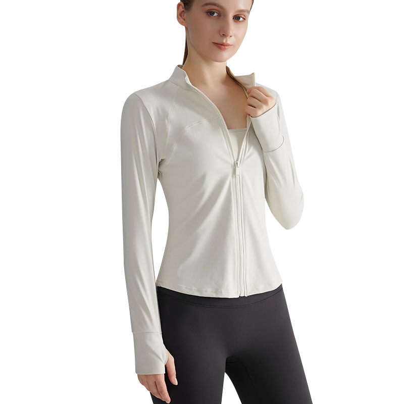 Breathable Spandex/Nylon Outdoor Yoga Jacket Zipper Women Slim Fit Stand Collar Fitness Running Sports Top Front Logo