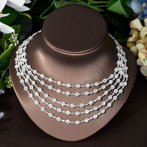 HIBRIDE Elegante Cinco Capas Borla Larga Zirconia Cúbica Señoras Conjuntos de Bisutería Pendientes Colgantes de Gota Collar con Colgante, Collar de Dos Capas - Product Image 4