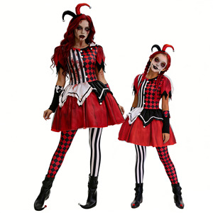 Halloween Clown Costume Parent Child Matching Set Red Black <b>Checkered</b> Dress Girls Short Sleeve <b>Skirt</b> Outfit - Product Image 5