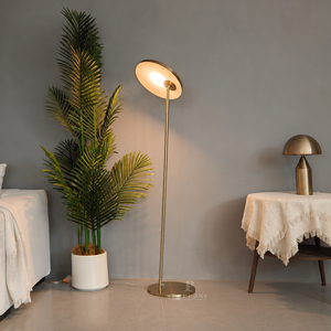 <b>Indoor</b> Led Floor Lamp Round Flat Shade Brushed Brass Frame Standing <b>Light</b> For Living Area - Product Image 3