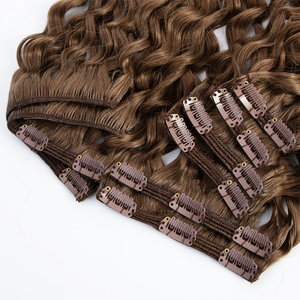 Extension per <span class=keywords><strong>capelli</strong></span> con clip in Remy vergine a doppia trama, <span class=keywords><strong>castano</strong></span> <span class=keywords><strong>scuro</strong></span>, invisibili, ricci naturali e ondulati - Product Image 1