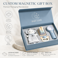 Boîte à jouets magnétique pour bébé en matériaux recyclés avec doublure floquée, gaufrage UV sélectif, coins renforcés et pelliculage mat