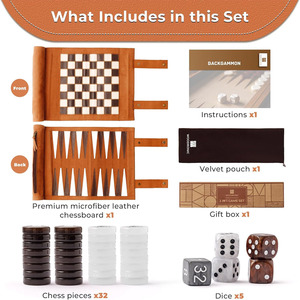 Backgammon de Ajedrez de viaje 3 en 1 de cuero enrollable con 32 piezas de perlas premium y 5 dados, juego de tablero de ajedrez portátil - Product Image 3
