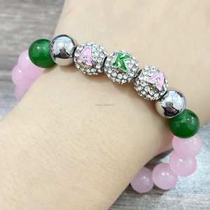 <span class=keywords><strong>Bracelet</strong></span> de perles rose et vert brillant lettre grecque Alpha avec entretoises en <span class=keywords><strong>strass</strong></span> élastiques <span class=keywords><strong>Bracelet</strong></span> bijoux cadeau pour femme - Product Image 2