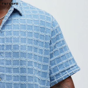 Fully Cut And Sew Frayed Checkered Men'S <b>Set</b> Heavyweight Vintage Wash Oversized Streetwear Acid Wash Shirt Shorts <b>Set</b> - Product Image 3