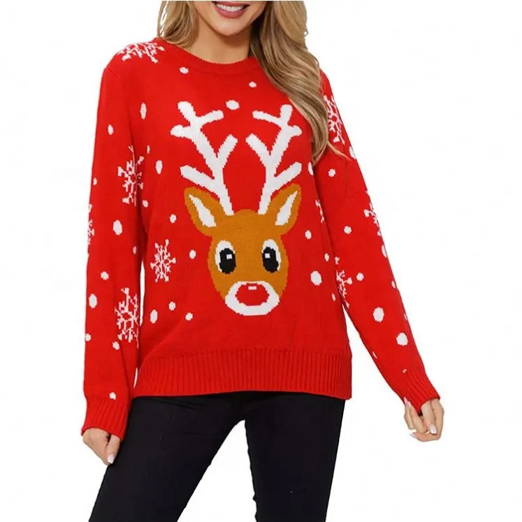 2022 Custom Knit Funny Ugly Christmas Sweaters Pullover Women Jumper Cute Reindeer Pattern Long Sleeve Xmas Oversized Sweater
