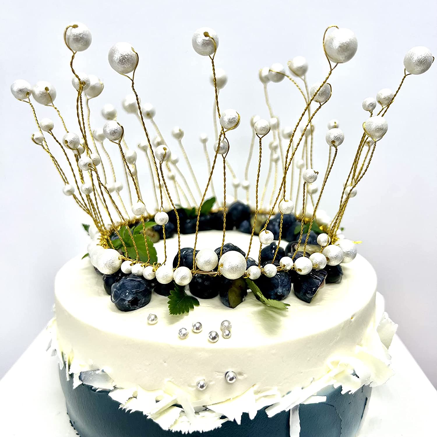 Décoration De Gâteau De Mariage Avec Perles Roses Vintage Blanches Et Argentées : Couleur De Base : Ivoire Avec Câblage Doré