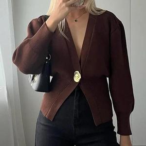 V-Neck Waist Solid Color Single Button Women's Knit <b>Cardigan</b> <b>Sweater</b> Fashion - Product Image 3