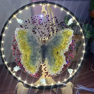 Lámpara de mariposa de cristal natural, piedras curativas de resina, Chip de cuarzo, lámpara LED de libélula de turmalina redonda