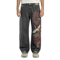 Jean Homme DIZNEW Gris Foncé Délavé Coupe Ample avec Broderie Totem Oriental (Couronne Rouge, Grue, Fleur de Cerisier, Nuage, Vague, Fret) et Étiquette Personnalisée OEM