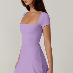 Vestido de tenis midi para mujer con cuello cuadrado, manga corta, cintura natural, cremalleras, pantalones cortos incorporados, vestido deportivo de golf con bolsillos, 100% algodón - Product Image 4