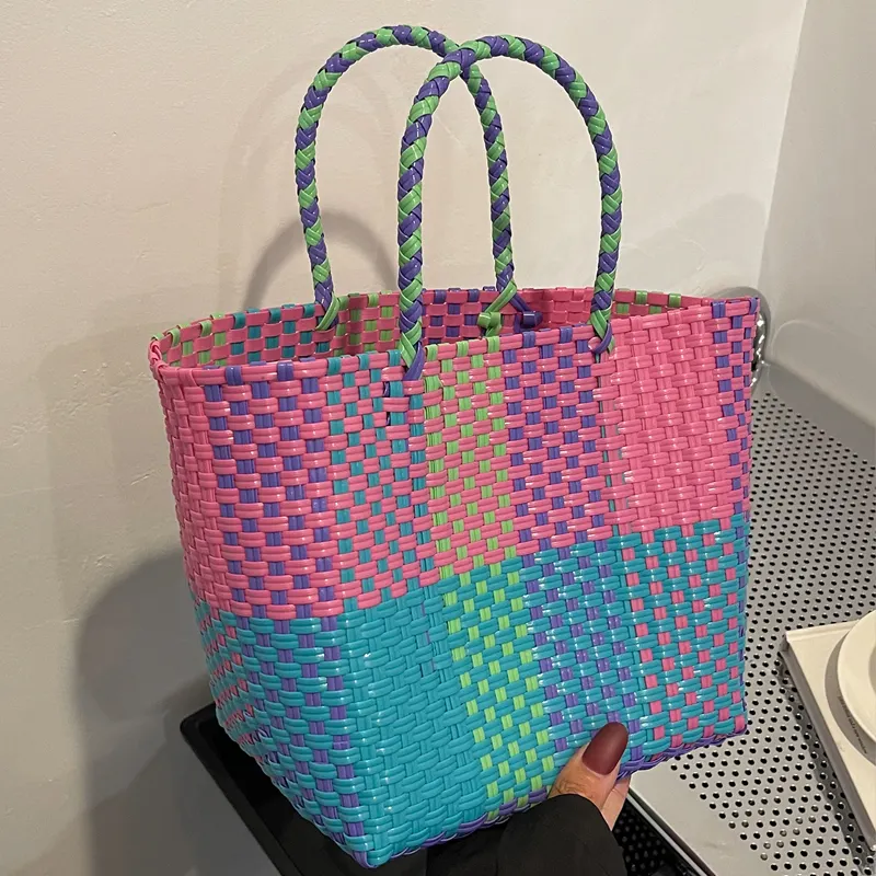 Hand-held Bath Bathroom Woven Basket Plastic Woven Storage Beach Bag Vegetable Picnic Shopping Tote Bag