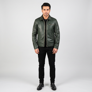 Men's Genuine Leather <b>Sheepskin</b> Vintage Breathable Biker <b>Jacket</b> Aniline Lavendard Green Zipper Logo Decoration Viscose Lining - Product Image 1