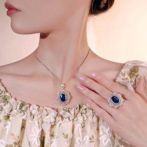 Wholesale Eco-friendly Copper Gold Plated Jewelry <b>Set</b> for <b>Women</b> 10*14mm Blue Cubic Zirconia Vintage Pendant <b>Ring</b> Matching <b>Set</b> - Product Image 6