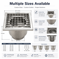 Siphon de sol carré en acier inoxydable 304, anti-odeur, avec grille à joint profond, surface brossée, garantie 2 ans pour cuisine commerciale et salle de bain