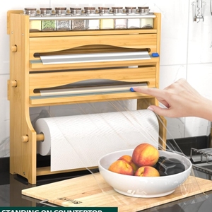 Organisateur de cuisine moderne en bambou, quatre niveaux, multifonctionnel, porte-serviettes en papier, distributeur de <span class=keywords><strong>film</strong></span> plastique, <span class=keywords><strong>film</strong></span> alimentaire, papier aluminium - Product Image 4