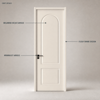 Porte intérieure en mélamine blanc cassé avec dessus arqué, design moulé à deux panneaux, poignée à levier noir mat, style classique moderne