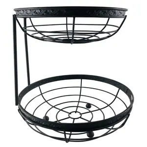 Custom Cast Iron Artistic Fruit Display Stand Custom Pastry Serving 2 Tier Fruit Basket Metal Strip Basket For Kitchen Counter