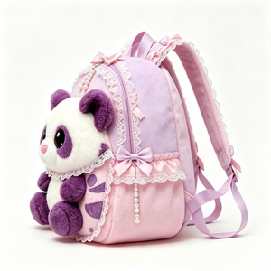 Customized Lolita Style Panda Plush <b>Backpack</b>, Pink & Purple Fluffy <b>Kids</b> School Bag with Lace, Bows & Pearl Details - Product Image 3