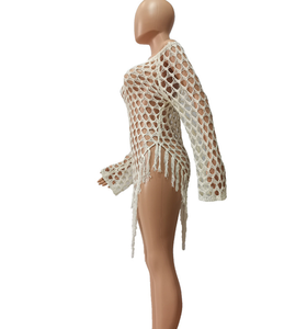 STOCK 5 couleurs hors épaule évider robe à la main Crochet plage couvrir franges voir à travers Caftan - Product Image 6