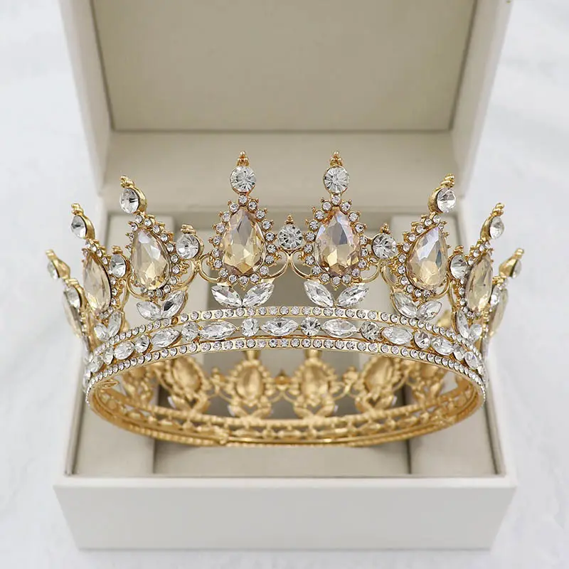 Couronne de princesse Baroque ronde en cristal, accessoires de cheveux de mariage, couronnes de bal, diadèmes de mariée